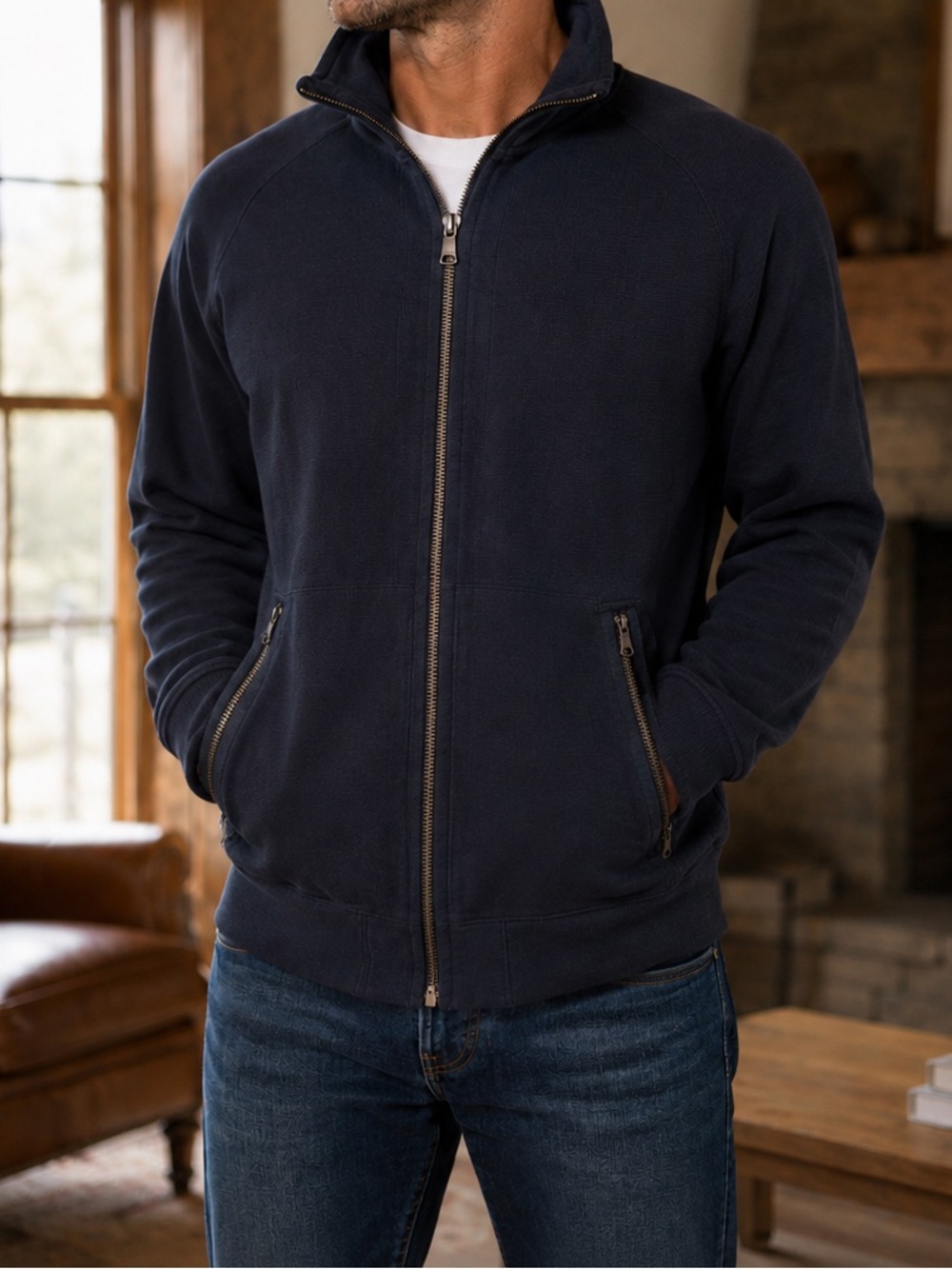 Banana Republic Dark Blue Knit Jacket full‎ zip hidden hood / 💯 cotton/ preppy